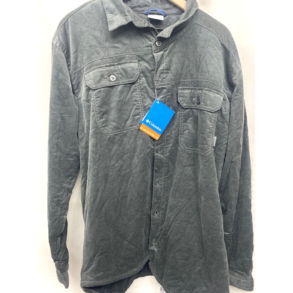 Columbia Mens XL Corduroy Shacket Dark Gray Fleece Lined UPF 15 NWT